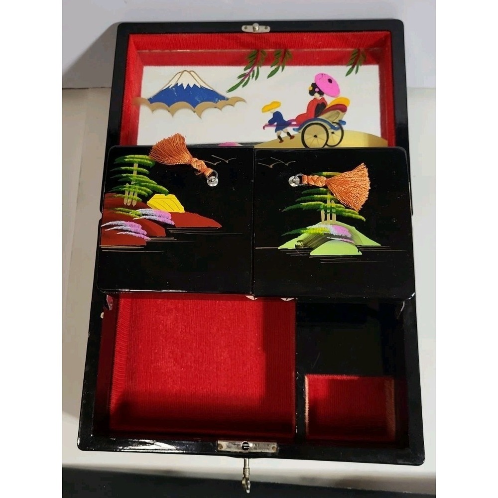 Vintage Crestline Japan Music Jewelry Box Black Lacquered Painted Mirror Locking - Picture 4 of 16